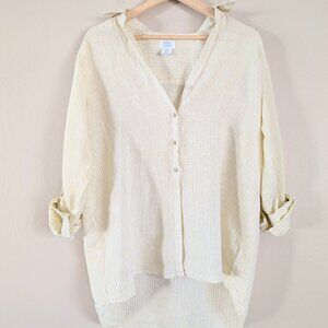 Sigrid Olsen 100% Linen Chartreuse Striped Button Up Coastal Beachy Shirt - Sz M